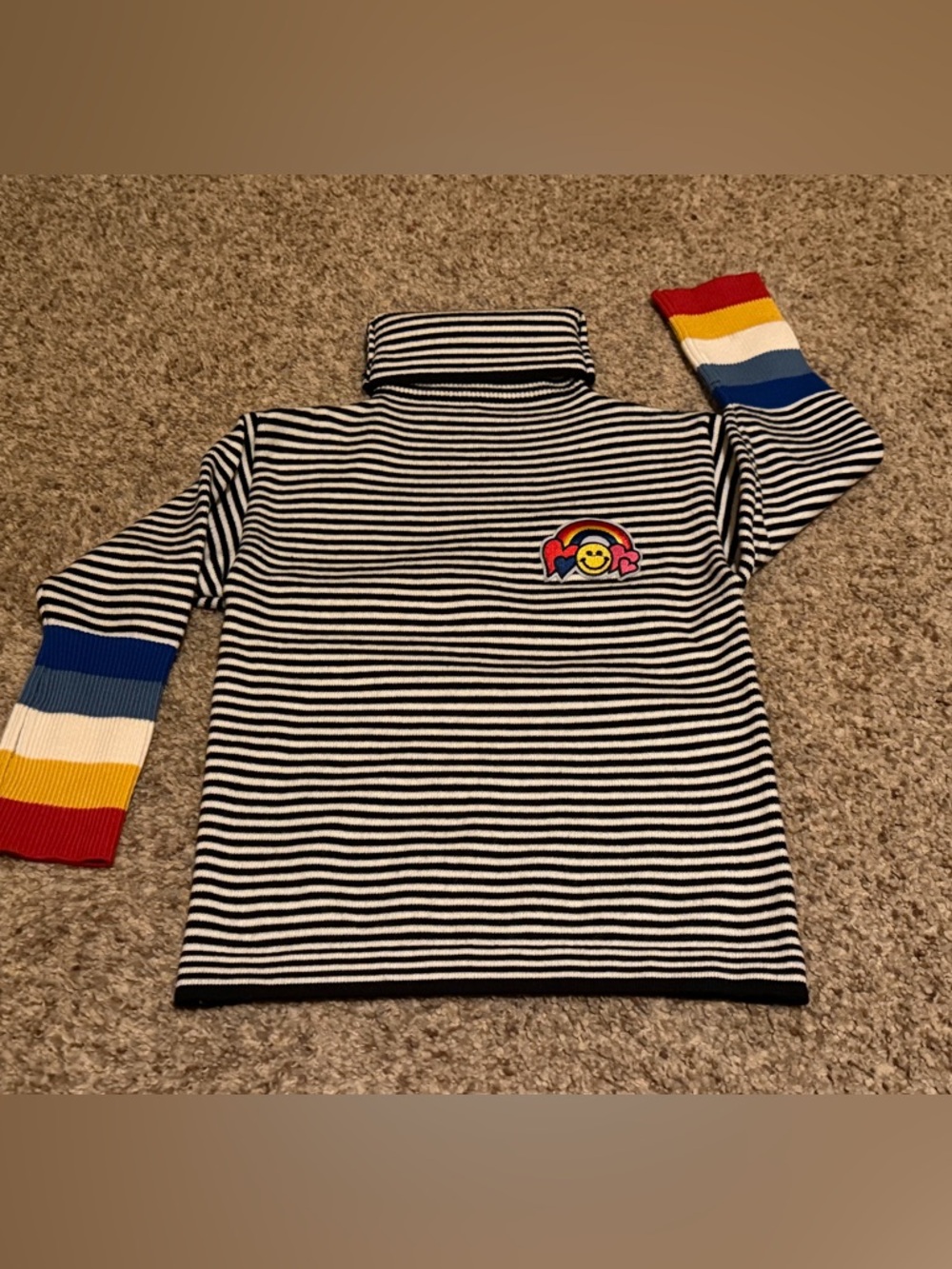 Kids Black & White Stripe Turtleneck Top with Rainbow Patch